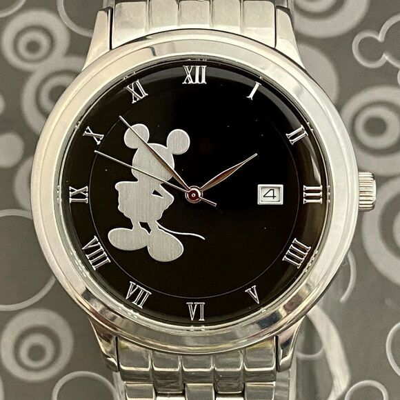 Disney Time Works All Stainless Steel Mickey Mouse Silhouette Dial Unisex Watch - Picture 1 of 14